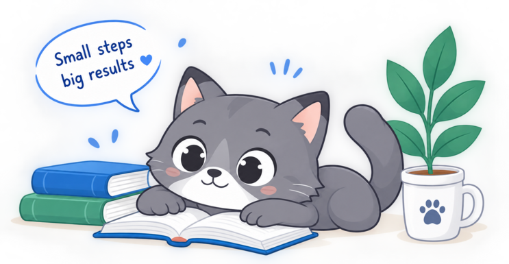 Котик с книгой и чашкой